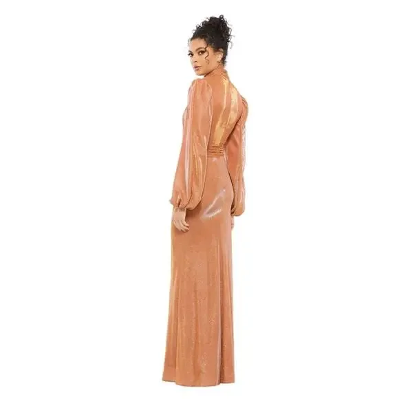 NWT IEENA for MAC DUGGAL 11248 Rust Draped Glitter High Neck Puff Sleeve Gown